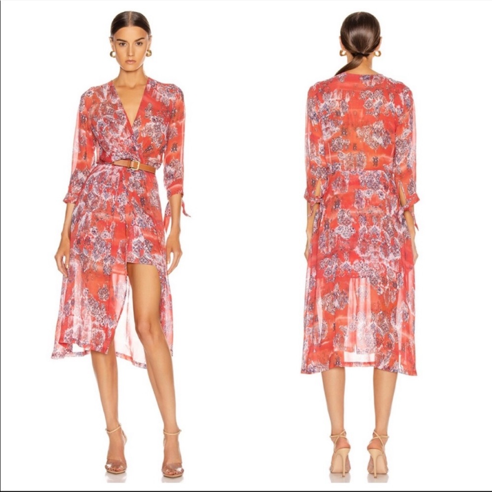 IRO DRESS-NEW Red semi sheer chiffon fabric- Bohemian print- Size 36 (US size 4)